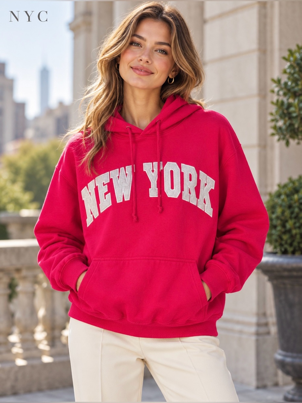 NYC Bright Pink 'New York' Pullover Hoodie